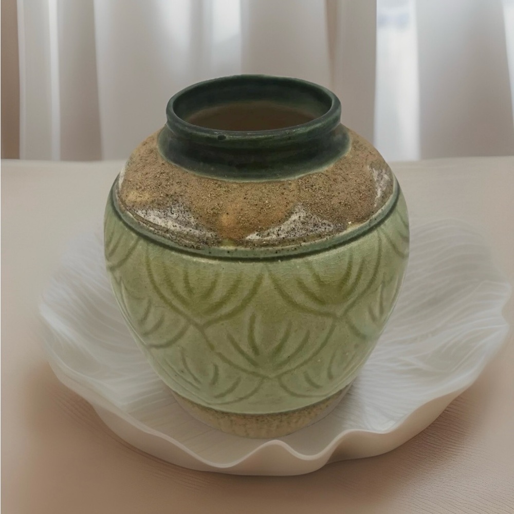Ceramic And Sand Art Pottery Vase Green Brown Earthtone Vietnam Handcrafted